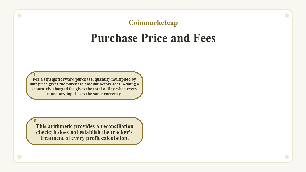 Purchase Price and Fees: For a straightforward purchase, quantity multiplied by unit price gives the purchase amount before fees. Adding a separately charged fee gives the total outlay when every monetary input uses the same currency.; This arithmetic provides a reconciliation check; it does not establish the tracker's treatment of every profit calculation.